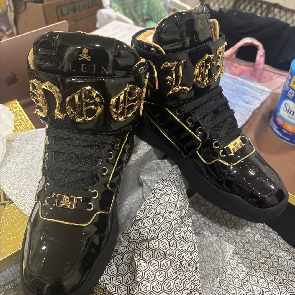 Philipp Plein Black and Gold High-Top Sneakers